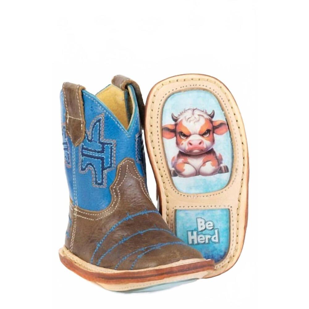 NEW TIN HAUL kids no fences leather square toe be herd boot in brown/blue